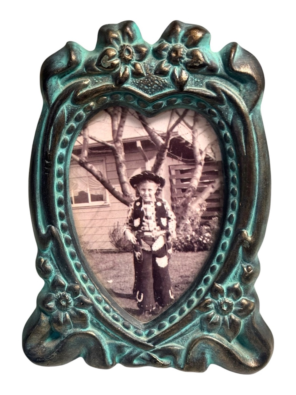 Sixtrees 90s Art Nouveau Turquoise Verdigris Gold Gilt Finish Heart Shaped Frame